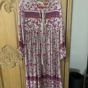 Bohemian Floral Long Sleeve Dress - Red and Purple